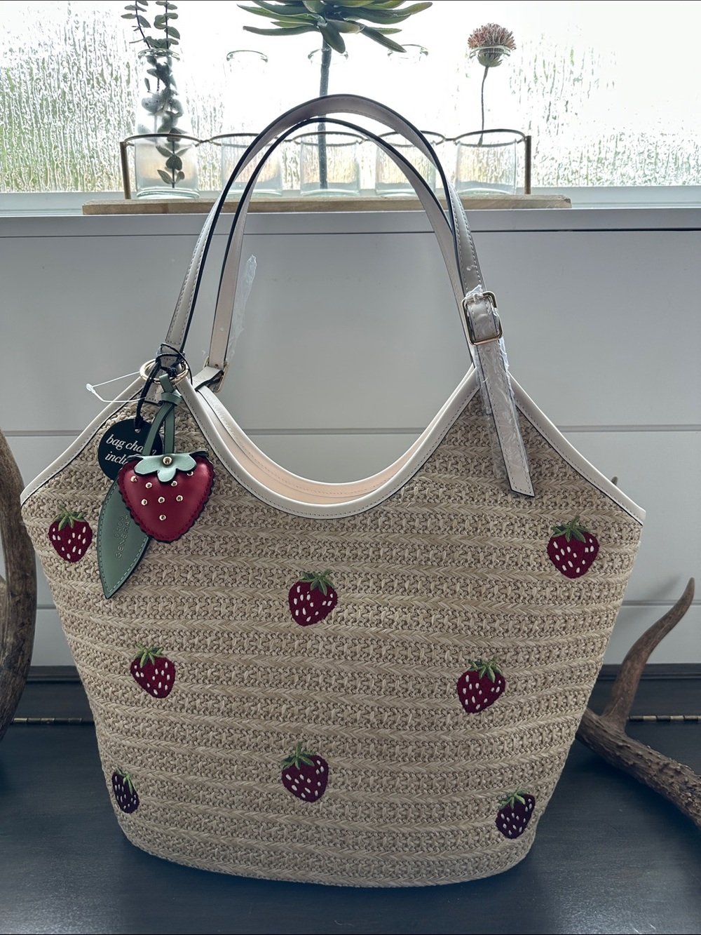 BCBGeneration Straw Tote with Red Strawberry Appliqués and Cream Trim - Picture 2 of 15